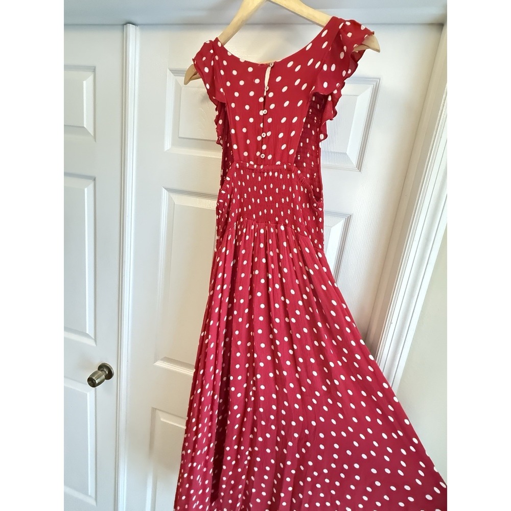 Free People Maxi Dress Women Medium Red Polka Dot Smocked Flutter Sleeve Boho - Picture 7 of 12